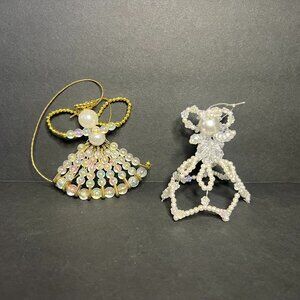 Vintage Lot of 2 Handmade Beaded Wired Christmas Angel Hanging Ornaments 2.75"
